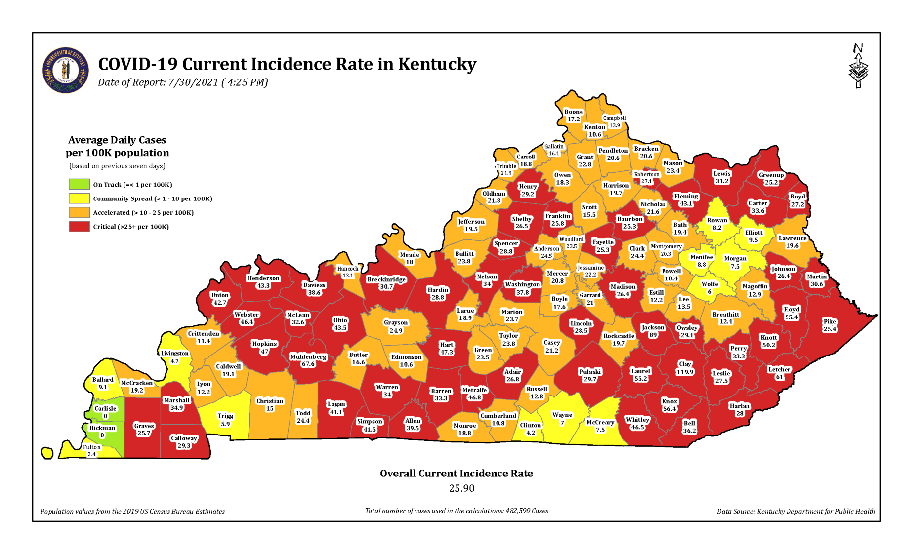 Kentucky COVID-19 incidence rate 7/30/21